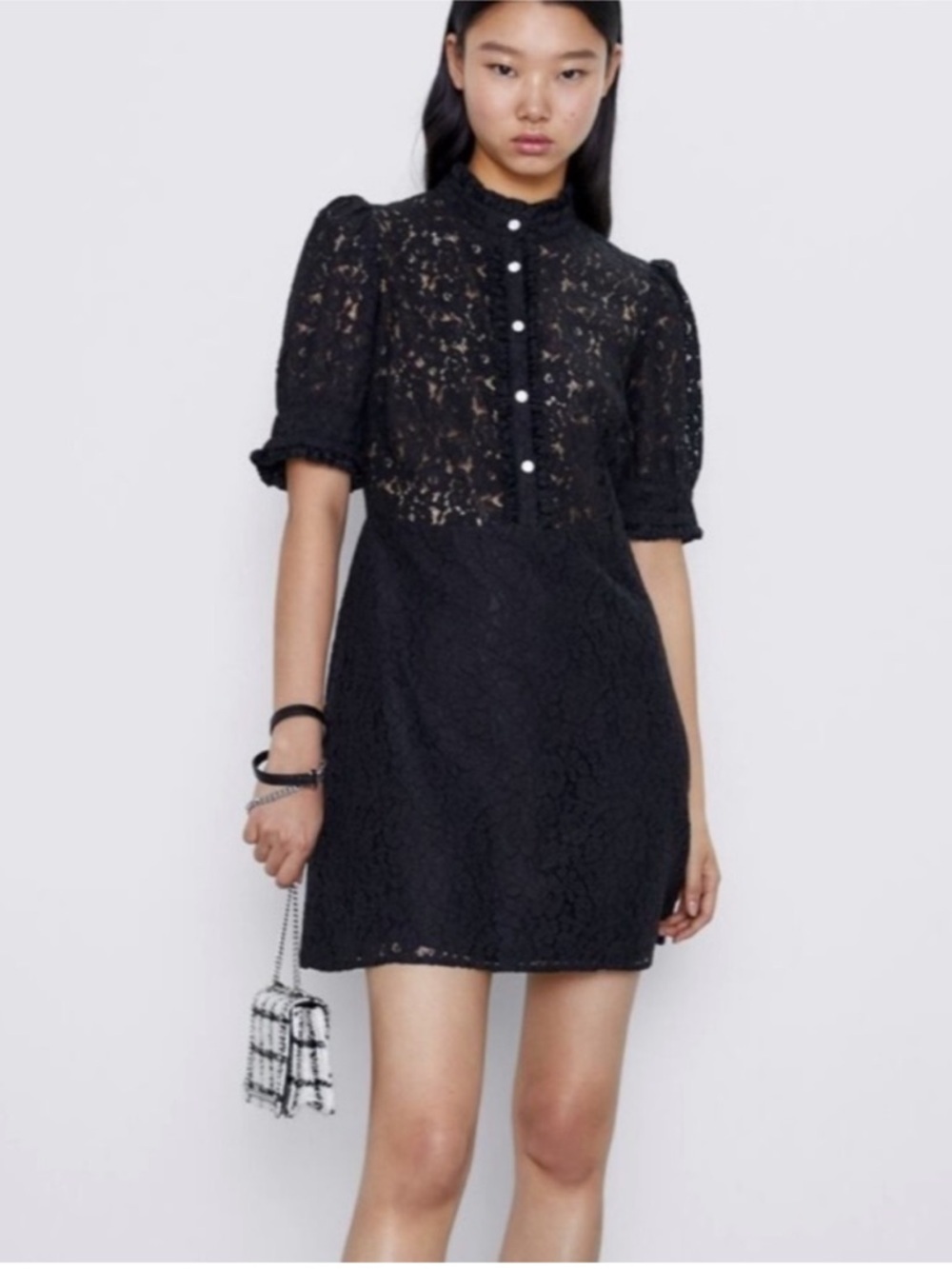 ZARA Black Lace Rhinestone Button Mini Dress Puff Sleeve Sheer Top Size XS